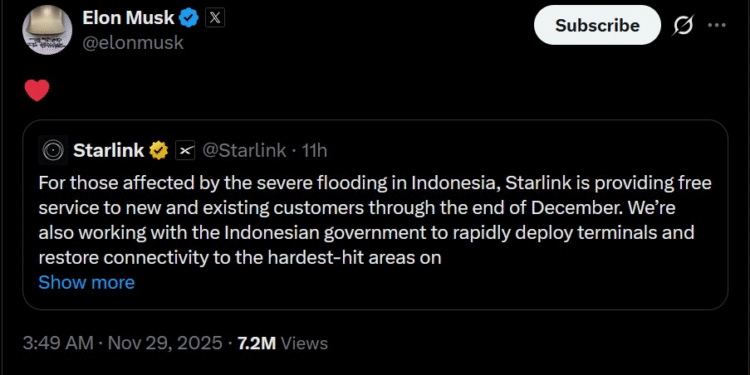 Elon Musk “Banjir” Sumatera dengan Internet Gratis